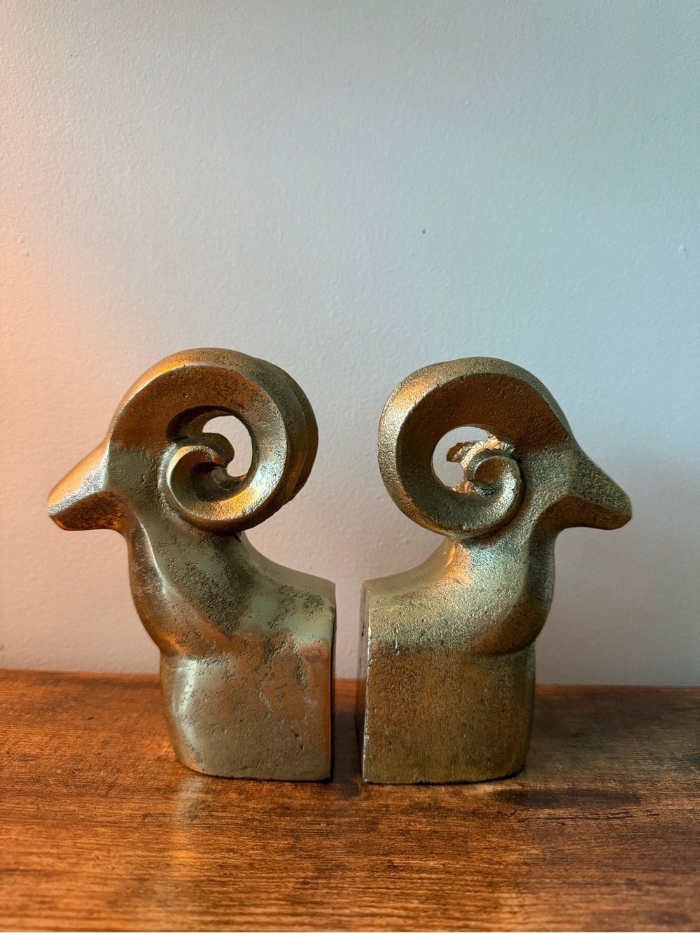 Vintage Gold Ram Bookends Mid Century Modern Brutalist Aries Decor